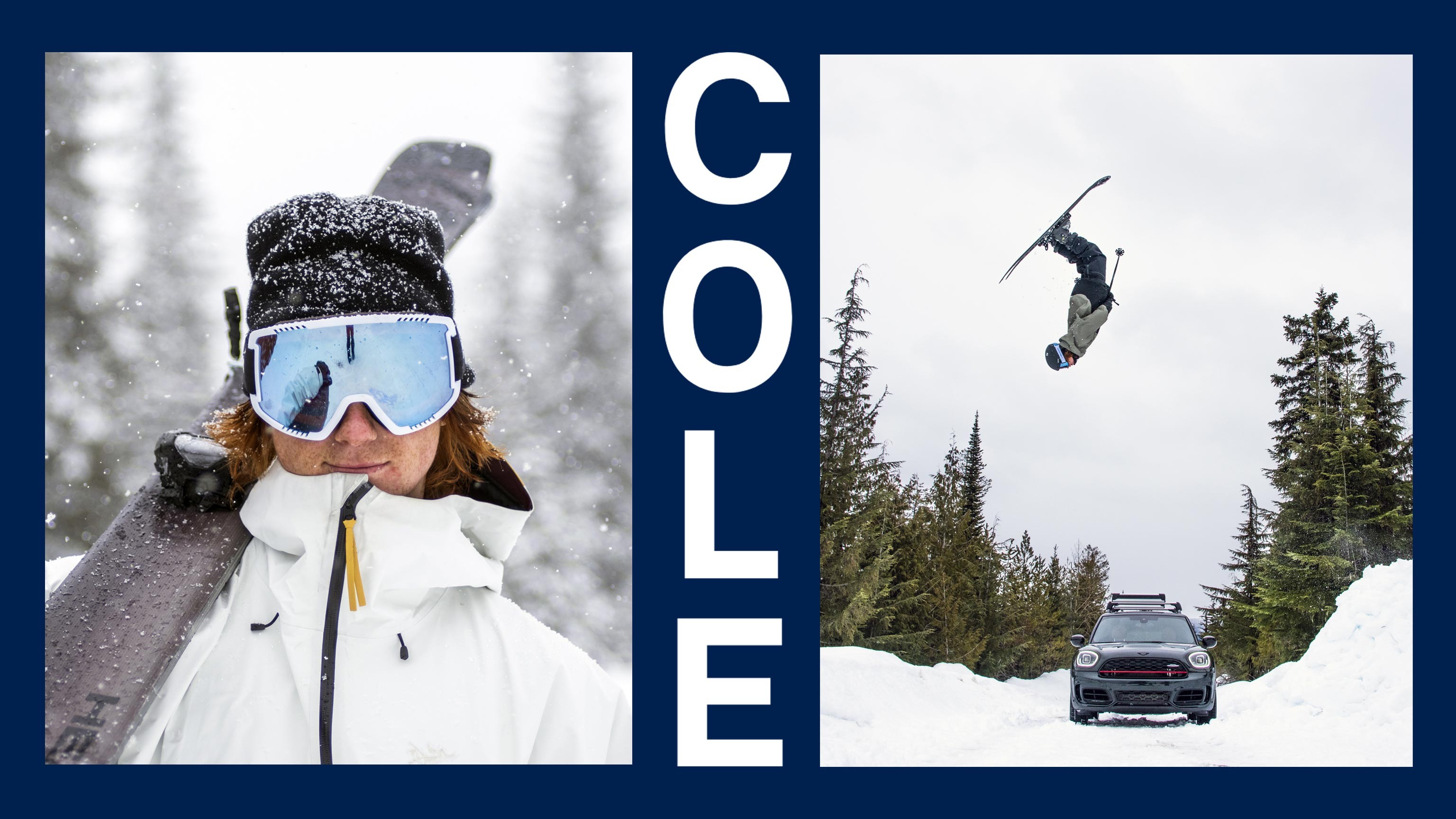 A Portrait of Cole Richardson, and an image of Cole Richardson jumping over a MINI John Cooper Works Countryman ALL4.